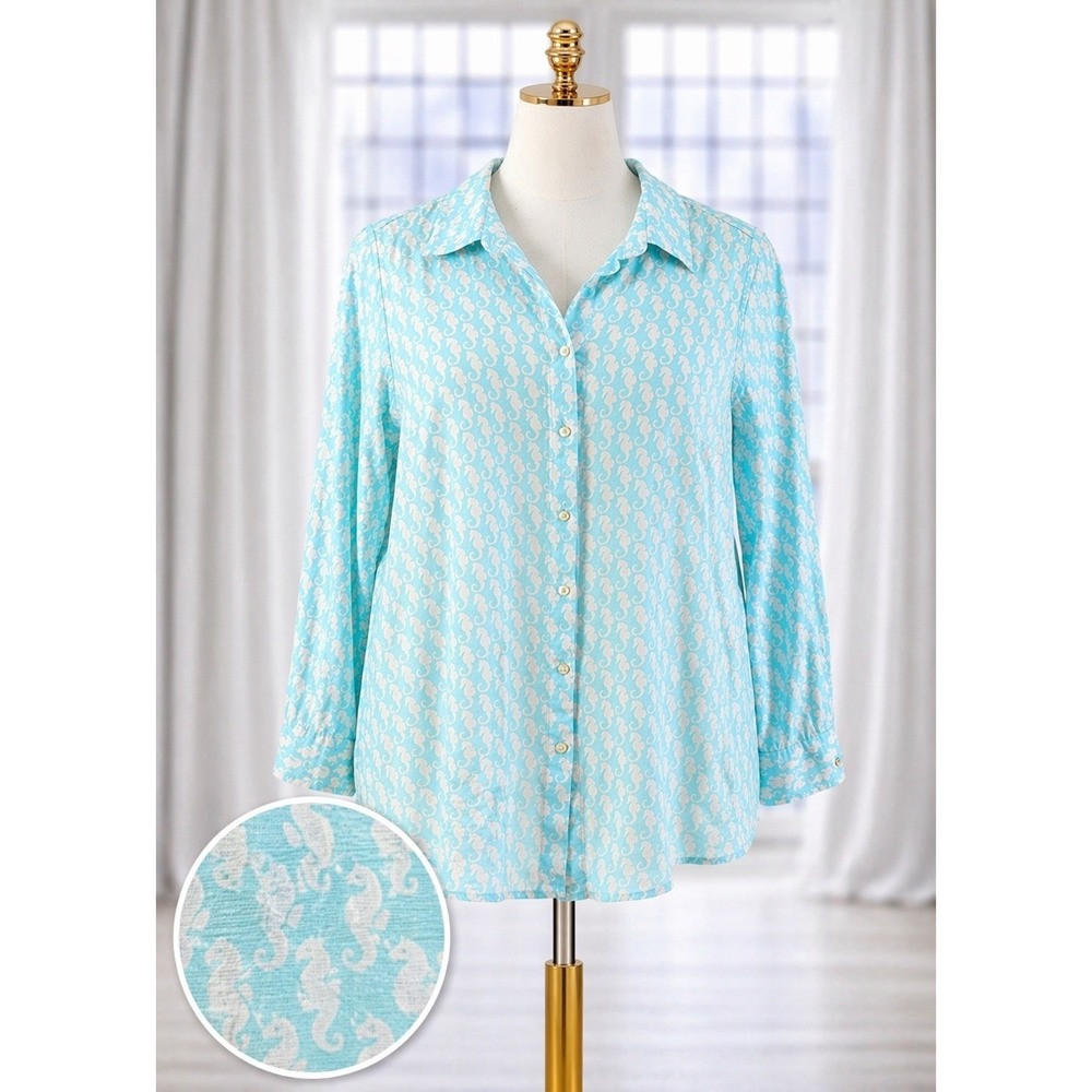 Talbots Button Down Cotton Top Novelty Seahorse‎ Print Size LP Roll Tab Sleeves